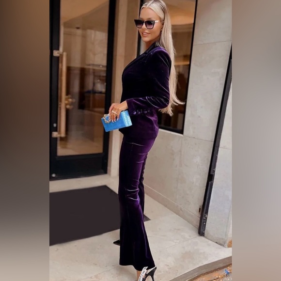 NEW!! LUXURY LAPEL COLLAR LONG SLEEVE VELVET BLAZER MATCHING SET - PURPLE - Picture 3 of 8